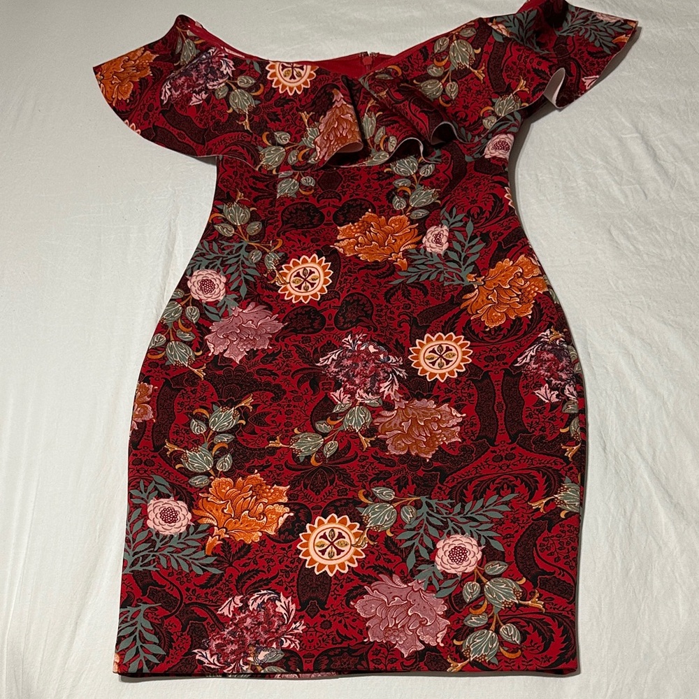 Guess One Shoulder Dress in Red and Orange Floral